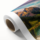 Serene landscape wall art on rolled canvas showcasing a tranquil lake surrounded by lush greenery and mountains, perfect for home decor. Ideal for nature lovers.