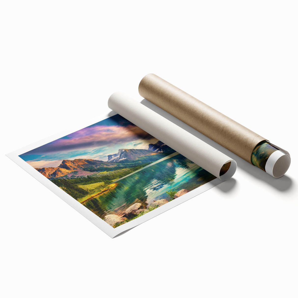 Serene landscape wall art print showcasing tranquil lake views and lush greenery, rolled for easy shipping and display, enhancing any room's decor.