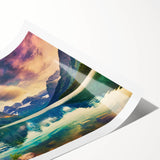 Rolled print of a serene lakeside landscape featuring vibrant blues and greens, showcasing mountains and trees, perfect for home decor. The artwork is elegantly designed to enhance any space with its calming nature theme.