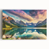 Stretched canvas wall art featuring a serene landscape with tranquil lakes, vibrant greenery, and a clear blue sky, perfect for home decor and relaxation.