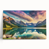 Stretched canvas wall art depicting a serene lake landscape under a clear blue sky, featuring vibrant greenery and soft reflections on the water, perfect for home decor.