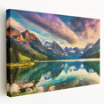 Stretched canvas wall art showcasing a serene lake landscape with vibrant colors, ideal for home decor, enhancing any room's tranquility and charm.
