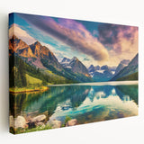 Stretched canvas wall art showcasing a serene lake landscape with vibrant colors, ideal for home decor, enhancing any room's tranquility and charm.