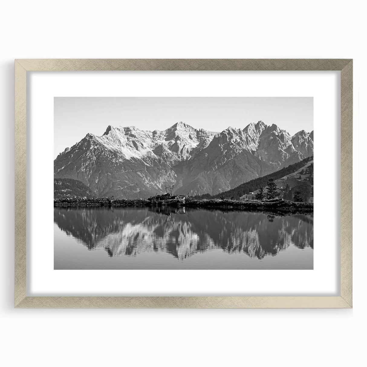 Framed silver wall art featuring a serene lakeside landscape design, showcasing vibrant colors and intricate details, perfect for home decor enhancement.