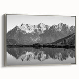 Framed canvas wall art collection showcasing serene lake landscapes, featuring a silver frame and vibrant colors. Ideal for enhancing home decor and creating a calming atmosphere.
