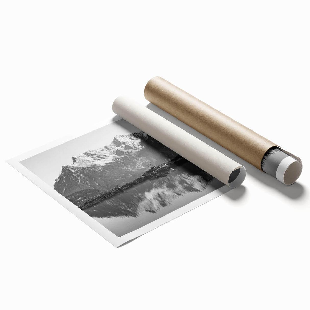 Rolled print showcasing a serene lake landscape design with vibrant blues and greens, perfect for enhancing home decor. Comes in a protective cardboard tube for safe shipping.