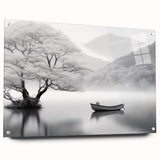 Acrylic glass wall art showcasing a serene lake landscape design, viewed from the side with visible mounting pins, perfect for modern home décor.