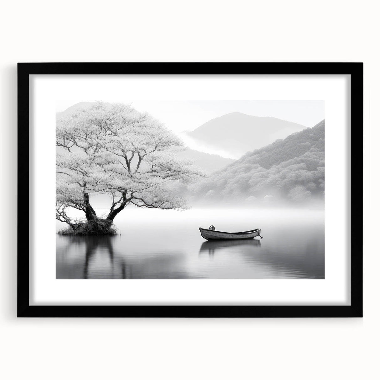 Framed wall art collection showcasing serene landscapes with lakes, featuring a black mat and frame, perfect for enhancing modern home décor.
