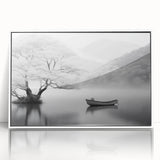 Framed acrylic wall art showcasing a serene lake landscape with vibrant colors, perfect for home decor; displayed in a sleek white frame for modern elegance.