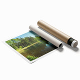 Vibrant rolled print of a serene lakeside landscape, showcasing lush greenery and tranquil waters, perfect for home decor or art collection, packaged securely.