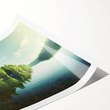 Vibrant landscape wall art print showcasing serene blue lake reflections and lush green foliage, rolled and packaged in a protective cardboard tube for safe transport.