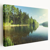 Stretched canvas wall art showcasing a serene lake landscape, featuring vibrant colors and intricate details, perfect for home decor and nature enthusiasts.
