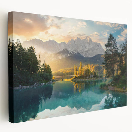 Stretched canvas wall art showcasing a serene lakeside landscape design, highlighted by vibrant colors and detailed textures, ideal for home decor.