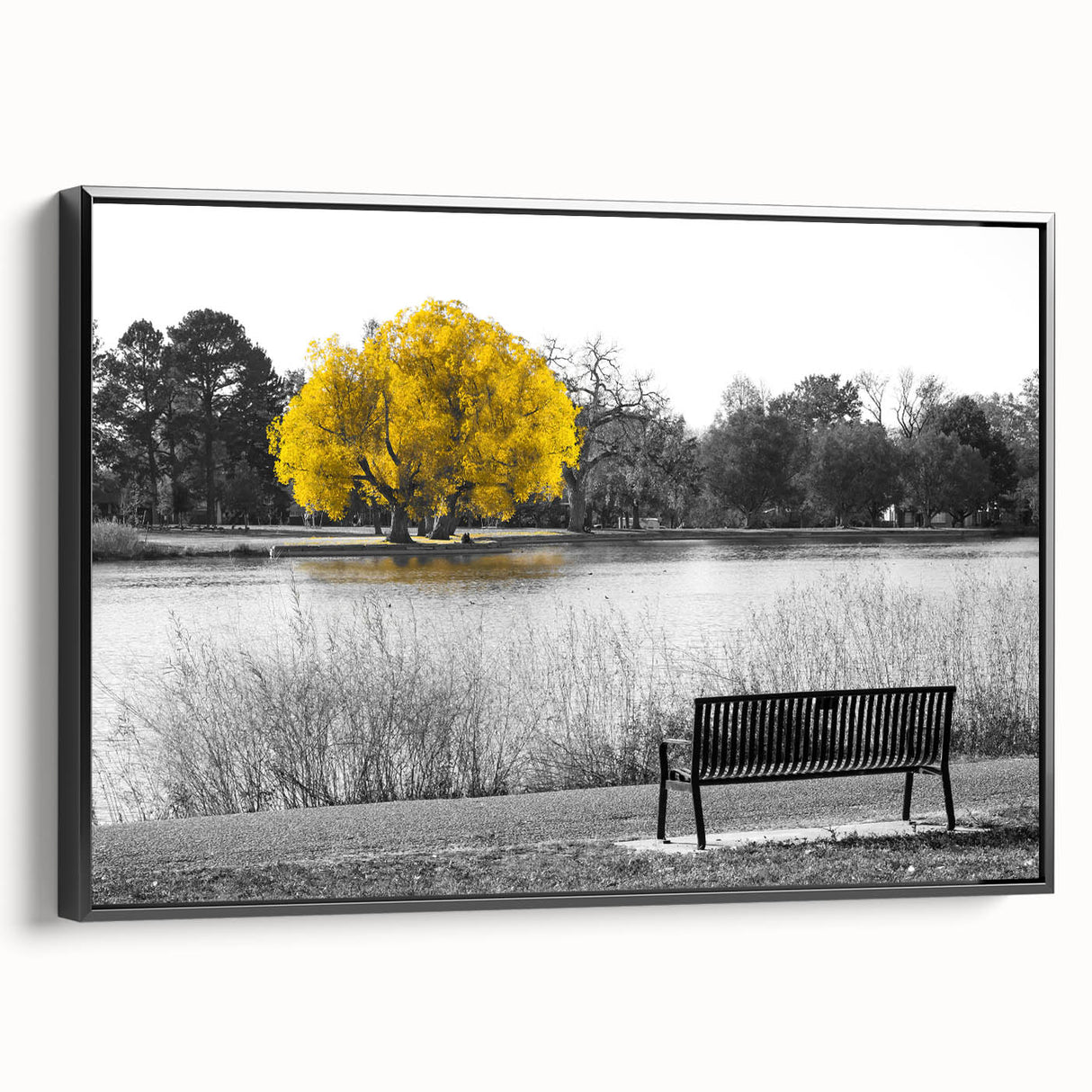 Framed canvas wall art showcasing a serene lake landscape design, featuring natural hues of blue and green, with a sleek black frame enhancing the visual appeal. Perfect for adding a touch of tranquility to modern home decor.