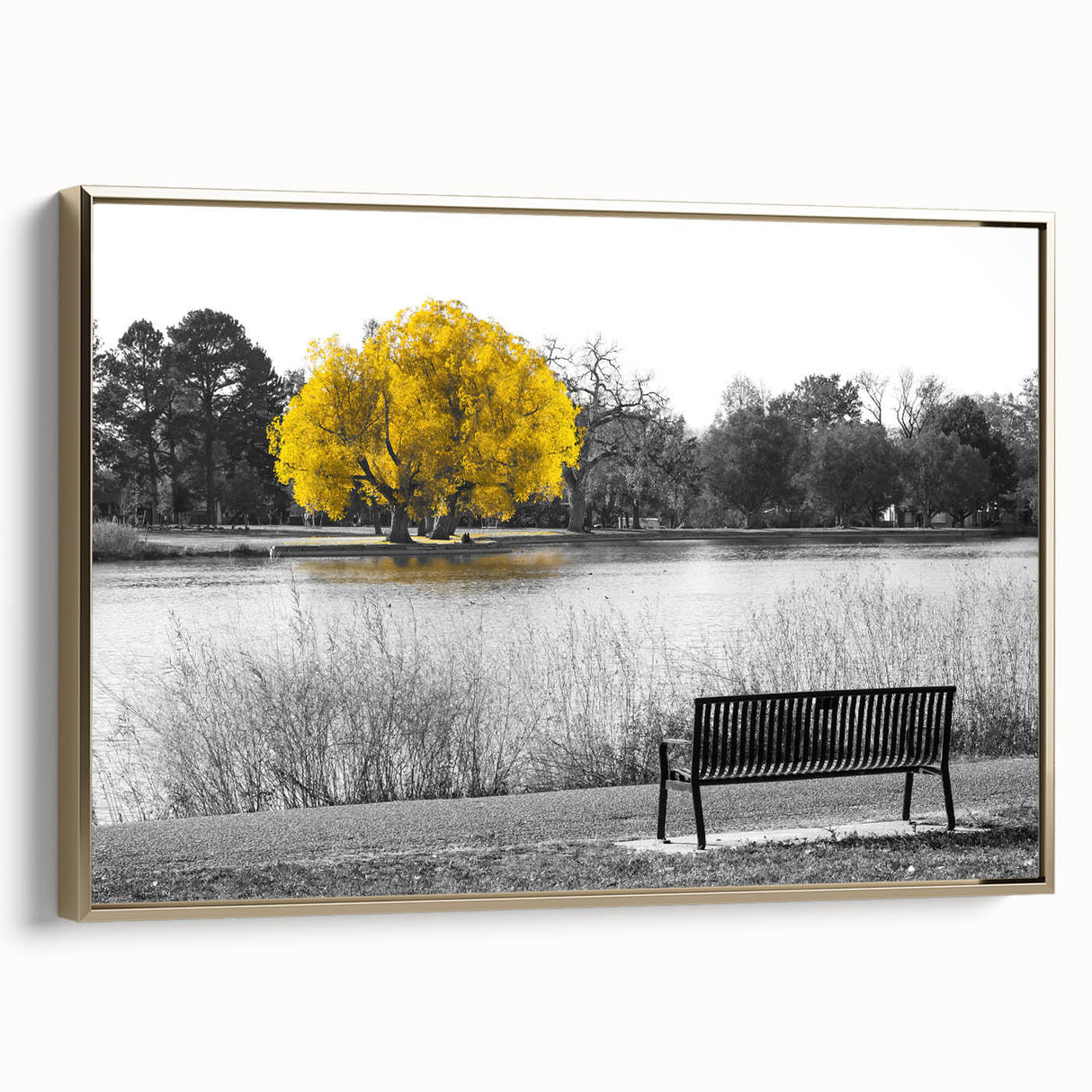 Framed canvas wall art showcasing a serene lakeside landscape design with gold accents, perfect for enhancing home decor. The artwork features tranquil blue water reflecting surrounding greenery, ideal for nature lovers.