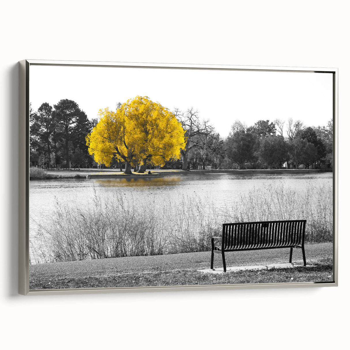 Framed canvas wall art showcasing a serene lakeside landscape with vibrant colors, silver frame, and a modern design, perfect for home decor enhancement.