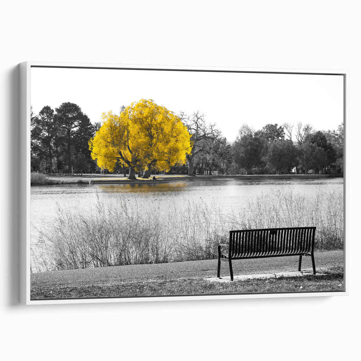 Framed canvas wall art showcasing a serene lake landscape design, featuring vibrant colors and intricate details, perfect for enhancing home decor aesthetics.