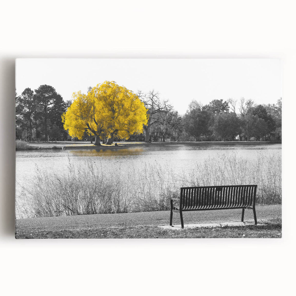 Stretched canvas wall art showcasing a serene lakeside landscape with vibrant colors and intricate details, perfect for enhancing home decor.