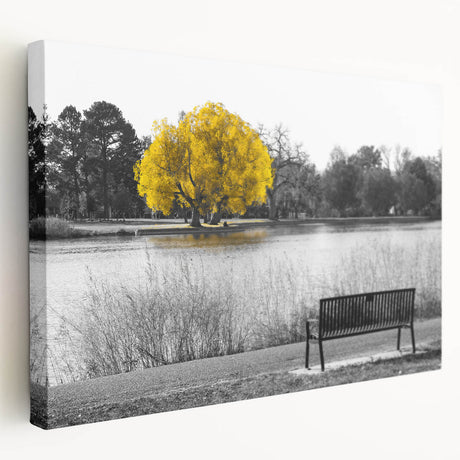 Stretched canvas wall art showcasing a serene lake landscape, featuring vibrant blues and greens. Ideal for home decor, adding a calming touch to any space.