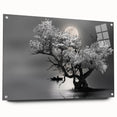 Acrylic glass wall art collection showcasing a serene lakeside landscape, featuring vibrant colors and intricate details, elegantly displayed with pins on a wall.