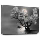 Acrylic glass wall art collection showcasing a serene lakeside landscape, featuring vibrant colors and intricate details, elegantly displayed with pins on a wall.