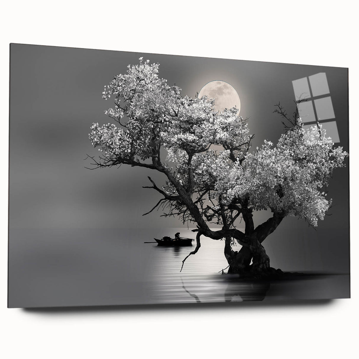 Acrylic landscape wall art collection showcasing serene lakeside scenery, framed in glass, emphasizing vibrant colors and intricate details, perfect for home decor.