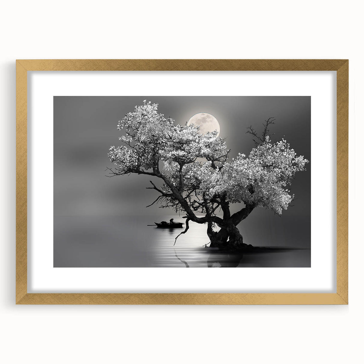 Framed landscape wall art collection showcasing serene lakes and mountains, featuring a gold mat and frame, perfect for home decor and interior design.