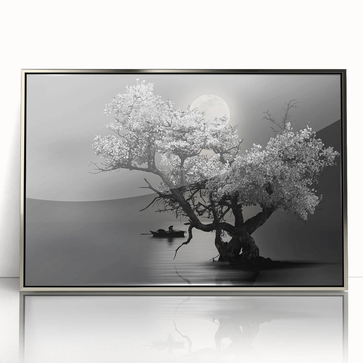 Framed acrylic wall art showcasing a serene lake landscape with silver accents, ideal for modern home décor, emphasizing tranquility and natural beauty.
