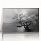 Framed acrylic wall art showcasing a serene lake landscape with silver accents, ideal for modern home décor, emphasizing tranquility and natural beauty.