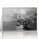 Framed acrylic wall art featuring serene landscapes and tranquil lakes, presented in a sleek white frame, ideal for enhancing home decor and creating a calming atmosphere.