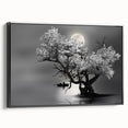 Framed wall art collection featuring serene lake landscapes in vibrant colors, showcasing a black frame with a sleek side view, perfect for home decor.