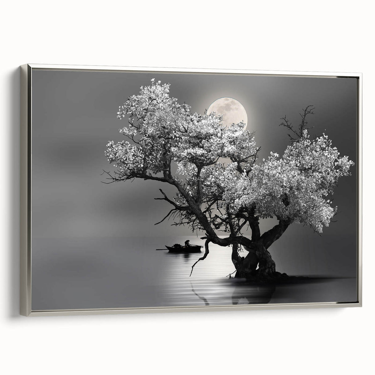 Framed wall art collection showcasing a serene lakeside landscape with vibrant colors and intricate details, elegantly displayed in a silver frame for modern decor.