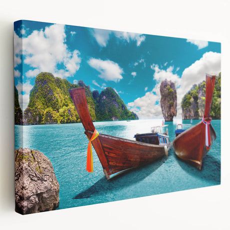 Stretched canvas wall art showcasing a serene lakeside landscape with vibrant blues and greens, designed to enhance home decor and create a calming atmosphere.
