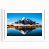 Framed wall art showcasing a serene landscape with a tranquil lake scene, featuring a white mat and frame, ideal for home decor and enhancing interior aesthetics.