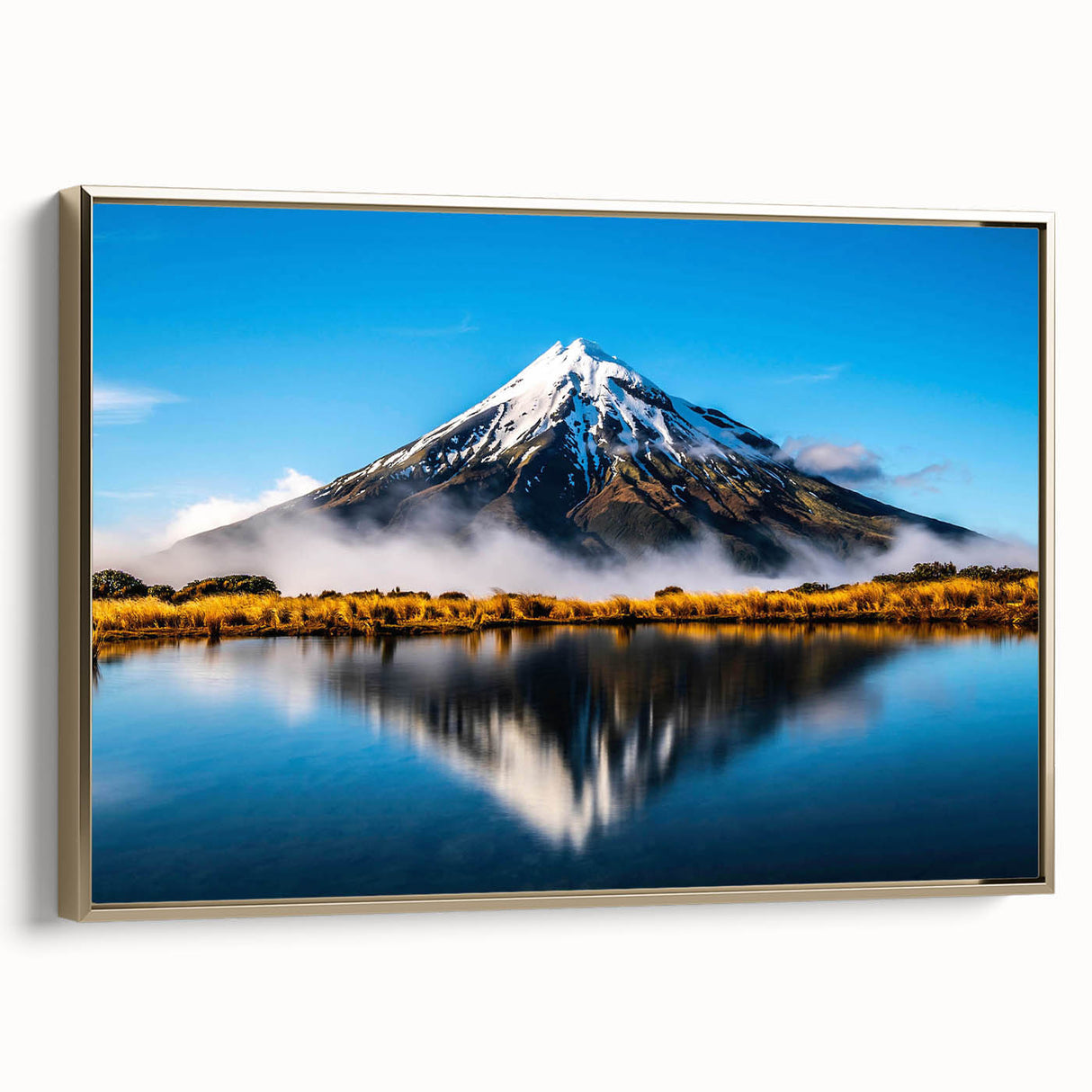Framed canvas wall art showcasing a serene lakeside landscape with golden accents, elegantly displayed from the side, perfect for home decor and aesthetic enhancement.