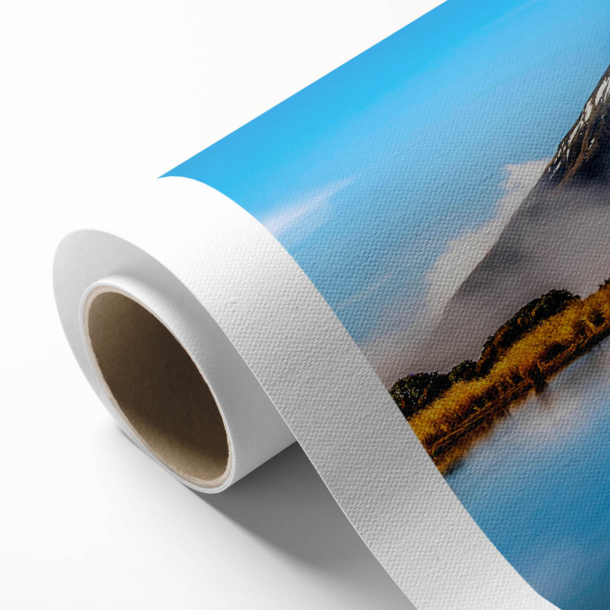 Serene landscape wall art on rolled canvas, depicting a tranquil lake scene surrounded by lush greenery and mountains, ideal for home decor and relaxation.