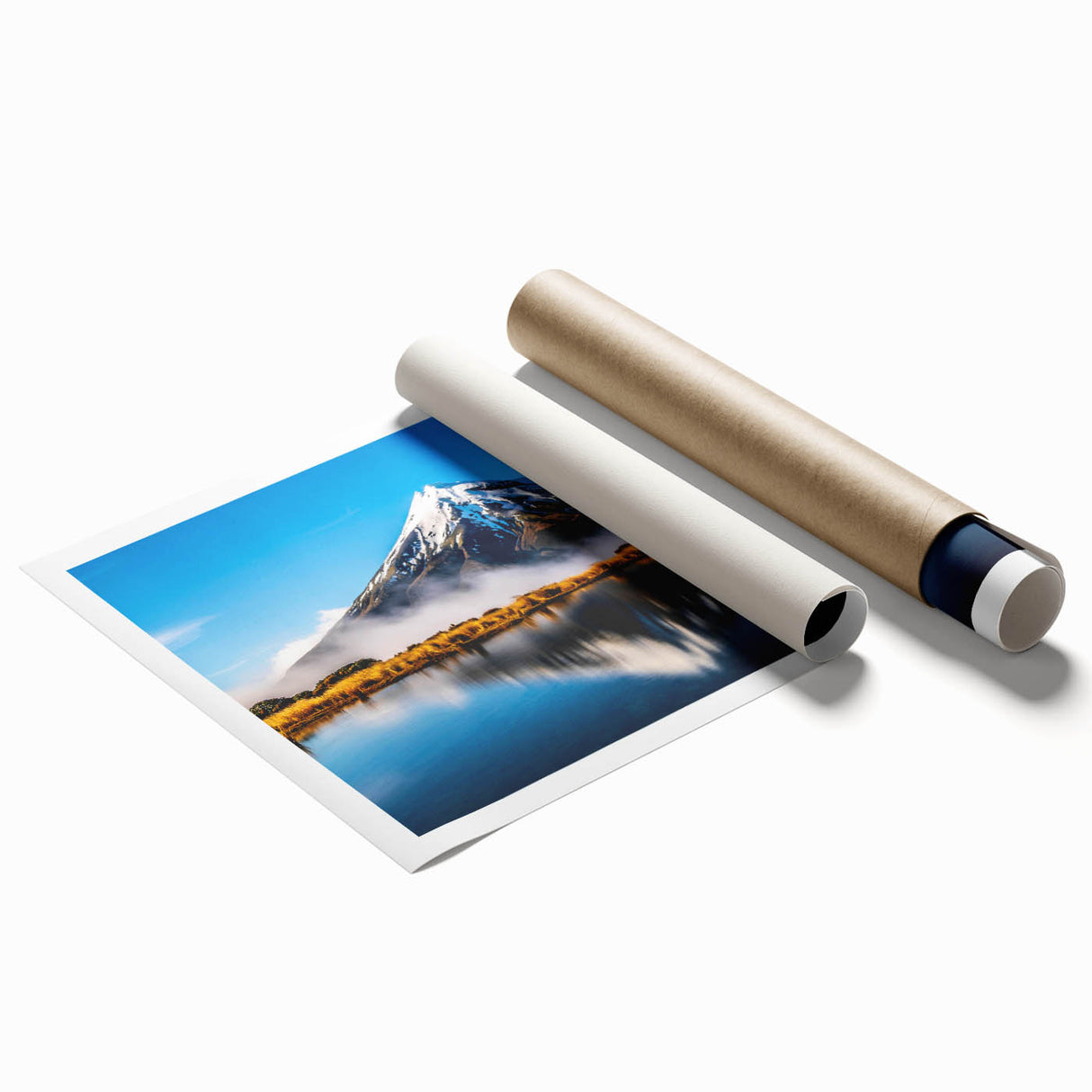 Rolled print of a serene landscape lake scene, showcasing vibrant colors and intricate details, perfect for home decor and wall art collections.