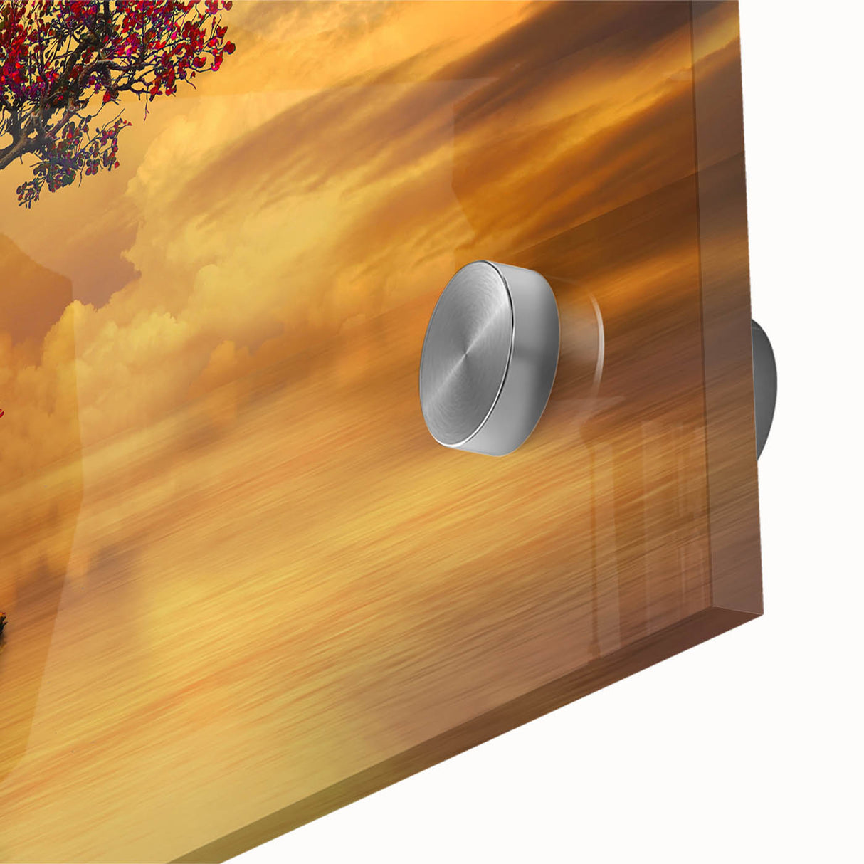 Close-up of vibrant acrylic glass wall art featuring a serene lake landscape with lush greenery, perfect for enhancing modern decor and adding tranquility to any space.