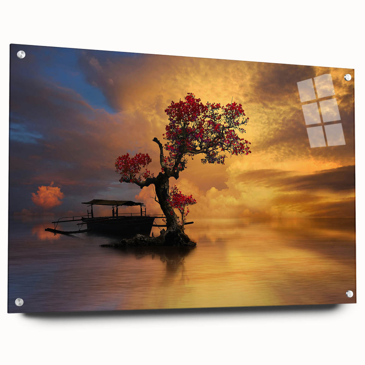 Acrylic glass wall art showcasing a serene lake landscape design, framed with pins for easy display, emphasizing vibrant colors and intricate details.