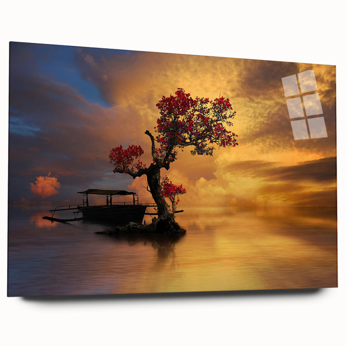 Acrylic wall art piece showcasing a serene lakeside landscape with vibrant colors and intricate details, presented in a sleek glass frame for modern decor.