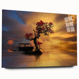 Acrylic wall art piece showcasing a serene lakeside landscape with vibrant colors and intricate details, presented in a sleek glass frame for modern decor.