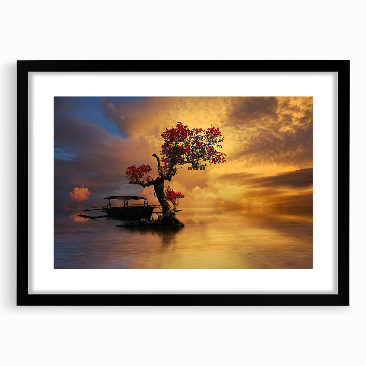 Framed landscape wall art collection showcasing serene lake view, featuring black frame and matting for an elegant presentation, perfect for home decor.