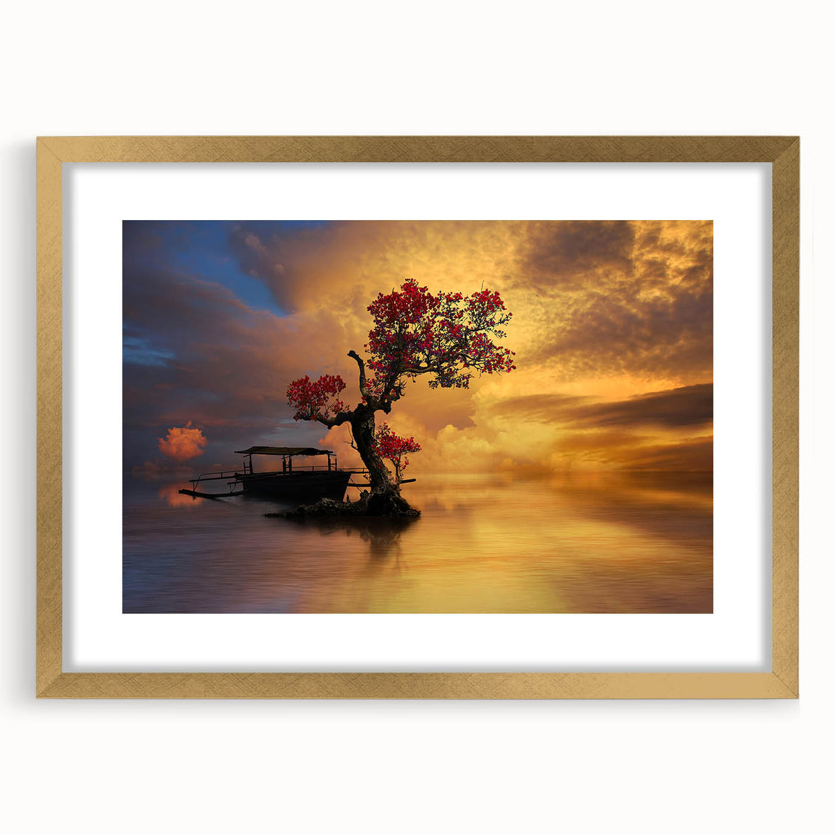 Framed landscape wall art featuring a serene lake scene, elegantly displayed with a gold mat, perfect for enhancing home decor with nature-inspired elegance.