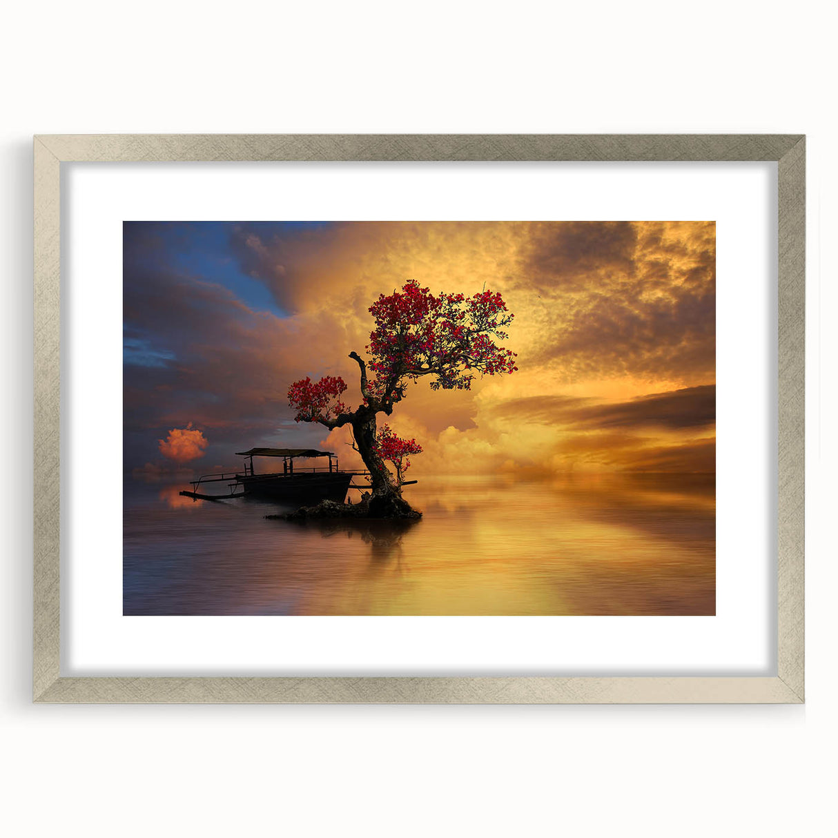 Framed wall art featuring a serene landscape of a lake with vibrant colors, set in a sleek silver frame with a white mat, ideal for modern home decor.