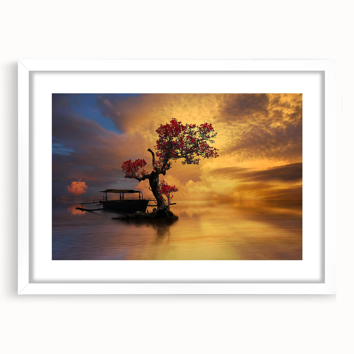 Framed wall art featuring a serene landscape with a lake, surrounded by lush greenery and a clear blue sky, designed to enhance home decor and evoke tranquility.