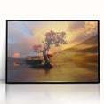 Framed acrylic wall art showcasing a serene lake landscape design with vibrant colors and a sleek black frame, perfect for home decor or office ambiance.