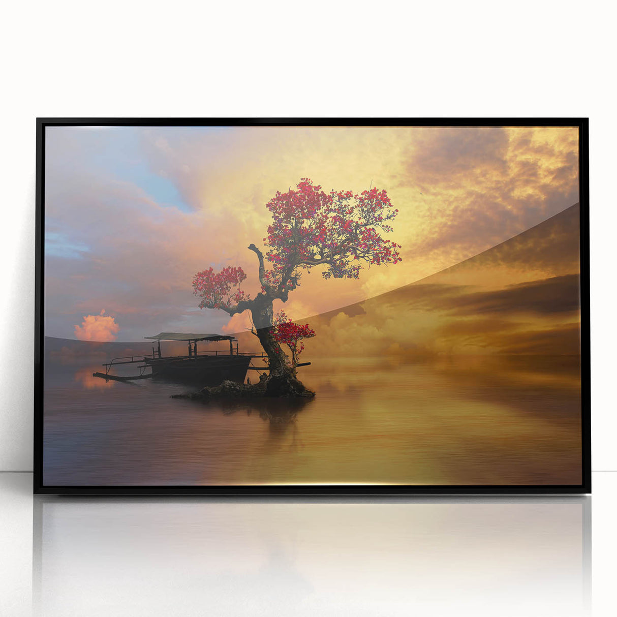 Framed acrylic wall art showcasing a serene lake landscape design with vibrant colors and a sleek black frame, perfect for home decor or office ambiance.
