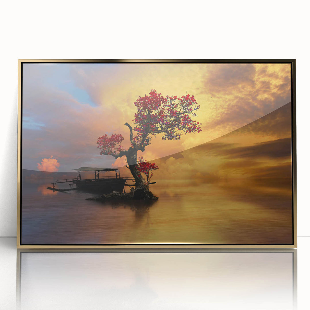 Framed acrylic wall art featuring a serene lake landscape design with gold accents, ideal for home decor. Perfect for adding elegance to any room.