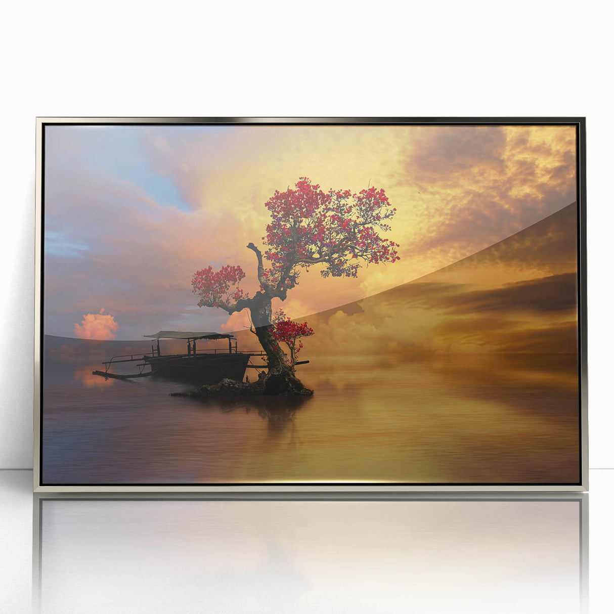 Framed wall art collection showcasing a serene lake landscape with vibrant colors, set in a sleek silver frame, perfect for enhancing modern home decor.