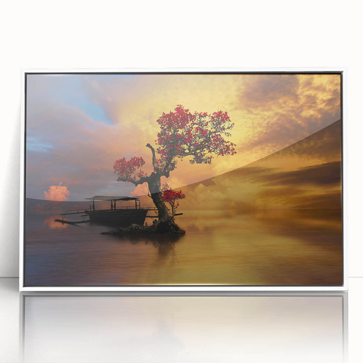 Framed acrylic wall art showcasing a serene lake landscape with vibrant colors, perfect for enhancing home decor. The piece features a white frame and captures a tranquil outdoor scene, ideal for nature lovers.